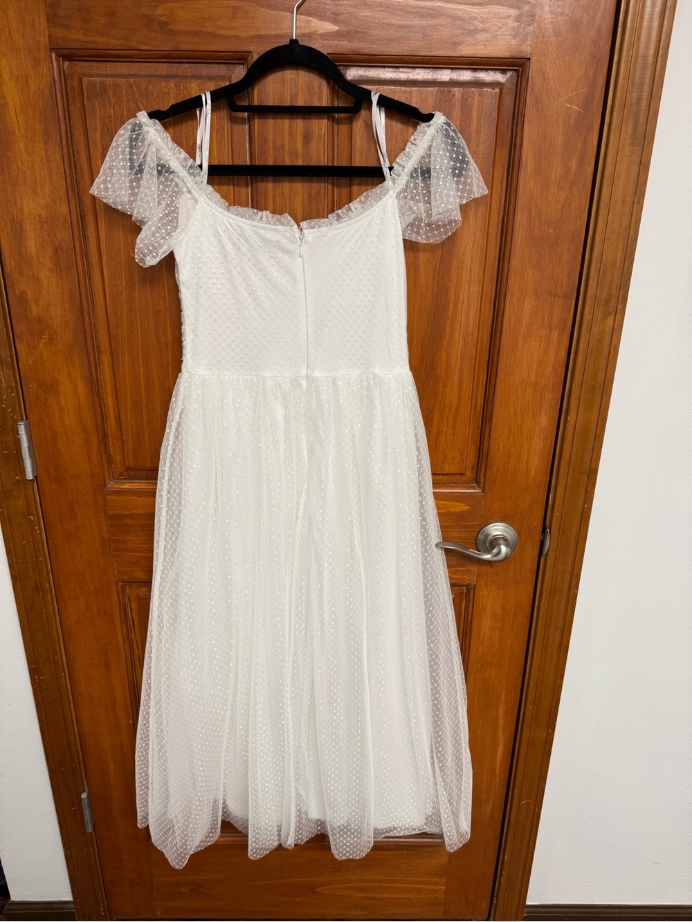 Lulus White Polka Dot Tulle Midi Dress M Square Neck Flutter Sleeve Zip - Picture 11 of 13